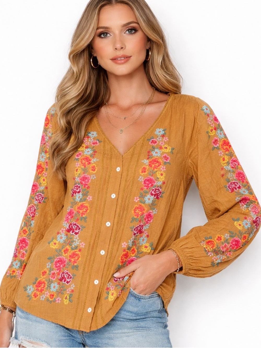 S8. NWT Boho Embroidered Mustard Floral %100 Cotton